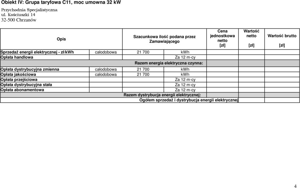 Kościuszki 14 32-500 Chrzanów SprzedaŜ energii elektrycznej -