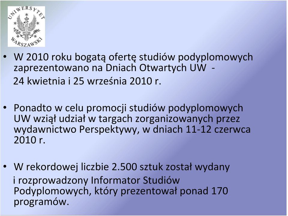 Ponadto w celu promocji studiów podyplomowych UW wziął udział w targach zorganizowanych przez