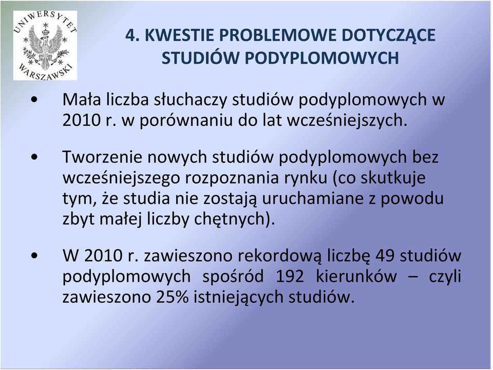 Tworzenie nowych studiów podyplomowych bez wcześniejszego rozpoznania rynku (co skutkuje tym, że studia nie