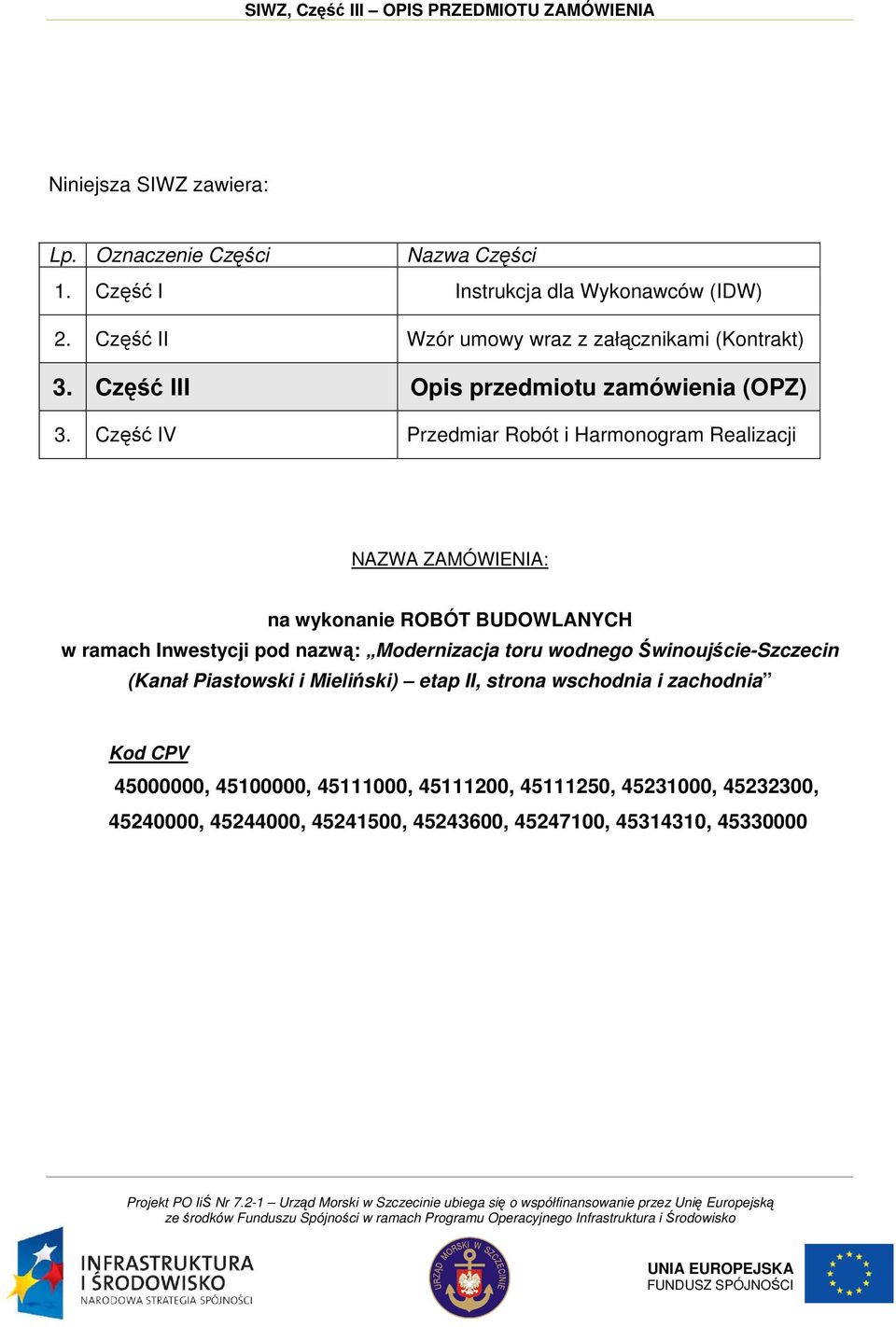 Część IV Przedmiar Robót i Harmonogram Realizacji NAZWA ZAMÓWIENIA: na wykonanie ROBÓT BUDOWLANYCH w ramach Inwestycji pod nazwą: Modernizacja toru wodnego Świnoujście-Szczecin (Kanał Piastowski i