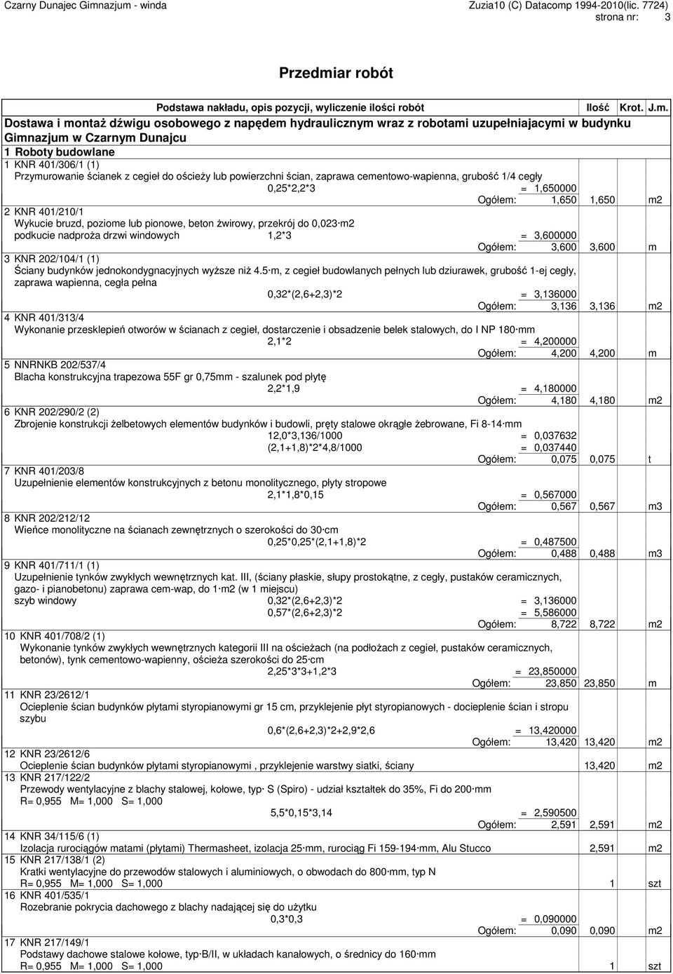 Dostawa i montaŝ dźwigu osobowego z napędem hydraulicznym wraz z robotami uzupełniajacymi w budynku Gimnazjum w Czarnym Dunajcu 1 Roboty budowlane 1 KNR 401/306/1 (1) Przymurowanie ścianek z cegieł