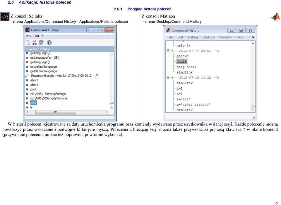 komendy wydawane przez użytkownika w danej sesji. Każde polecenie można powtórzyć przez wskazanie i podwójne kliknięcie myszą.