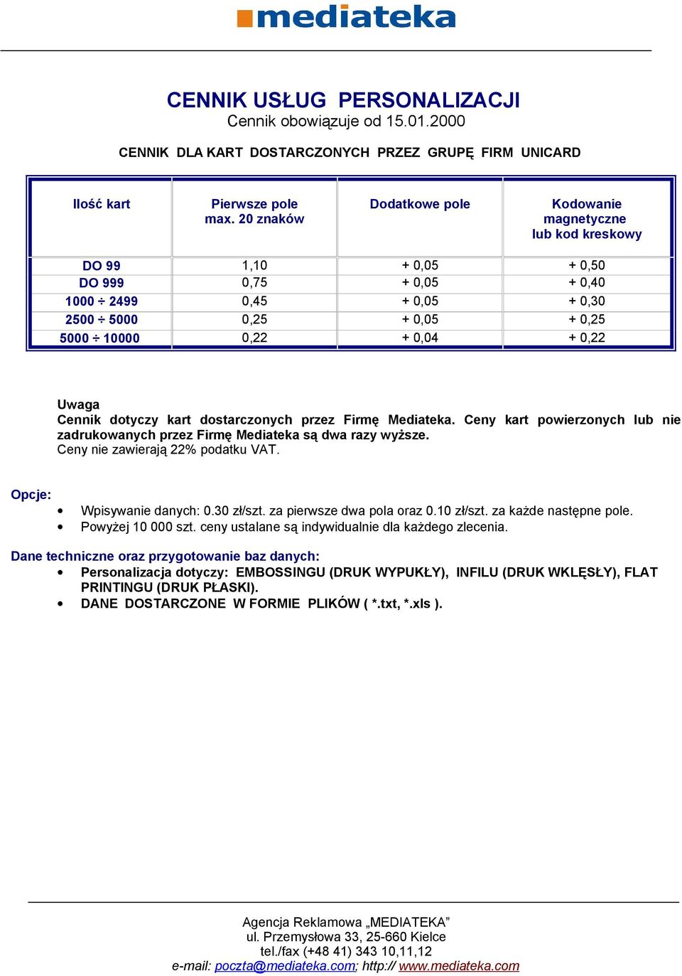 dostarczonych przez Firmę Mediateka. Ceny kart powierzonych lub nie zadrukowanych przez Firmę Mediateka są dwa razy wyższe. Ceny nie zawierają 22% podatku VAT. Wpisywanie danych: 0.30 zł/szt.