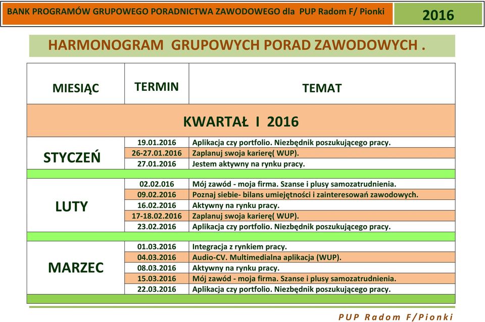 17-18.02. Zaplanuj swoja karierę( WUP). 23.02. Aplikacja czy portfolio. Niezbędnik poszukującego pracy. 01.03. Integracja z rynkiem pracy. 04.03. Audio-CV. Multimedialna aplikacja (WUP).