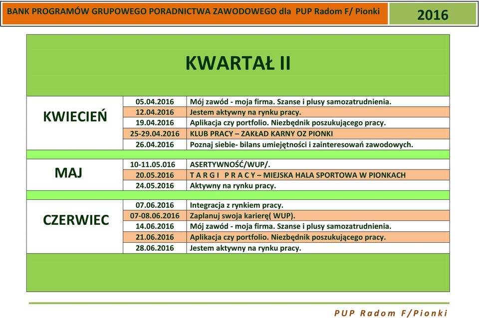 016 ASERTYWNOŚĆ/WUP/. 20.05. T A R G I P R A C Y MIEJSKA HALA SPORTOWA W PIONKACH 24.05. Aktywny na rynku pracy. 07.06. Integracja z rynkiem pracy. 07-08.06. Zaplanuj swoja karierę( WUP).