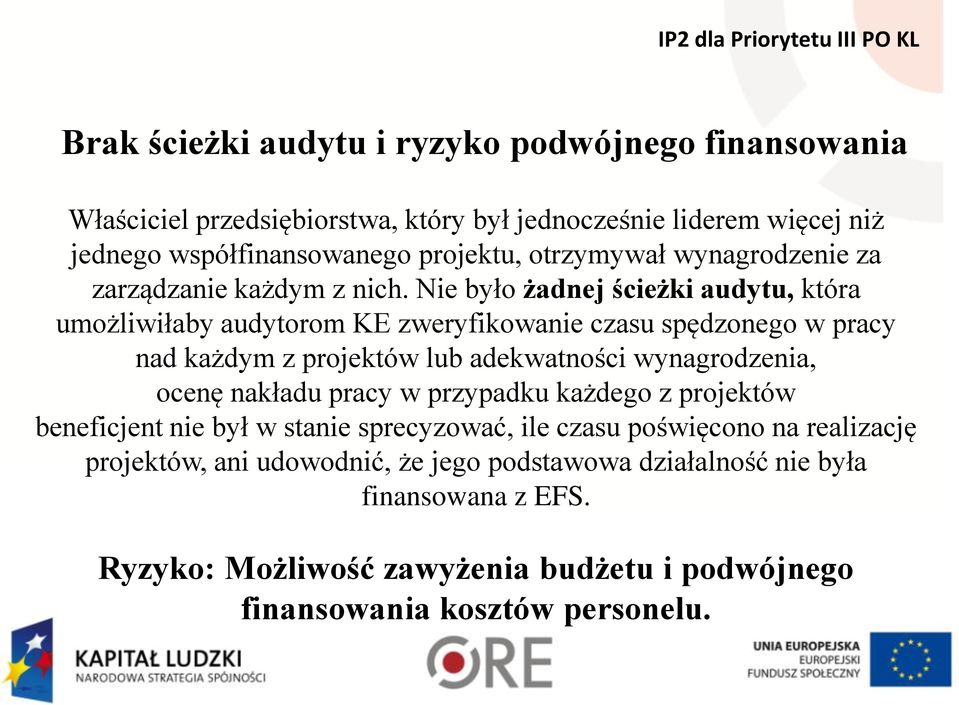 Nie było żadnej ścieżki audytu, która umożliwiłaby audytorom KE zweryfikowanie czasu spędzonego w pracy nad każdym z projektów lub adekwatności wynagrodzenia, ocenę