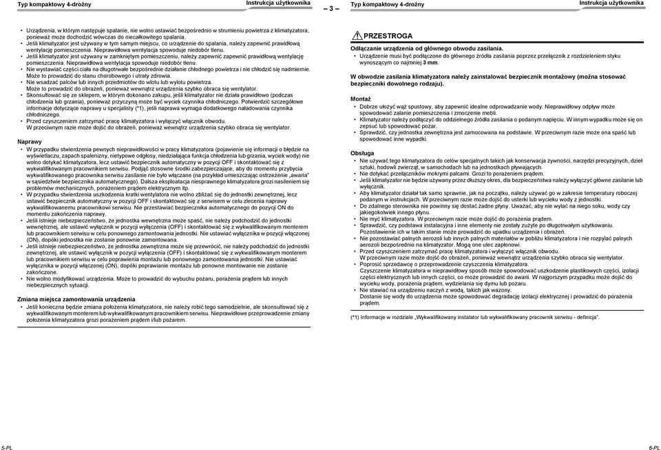 Jeśli klimatyzator jest używany w zamkniętym pomieszczeniu, należy zapewnić zapewnić prawidłową wentylację pomieszczenia. Nieprawidłowa wentylacja spowoduje niedobór tlenu.