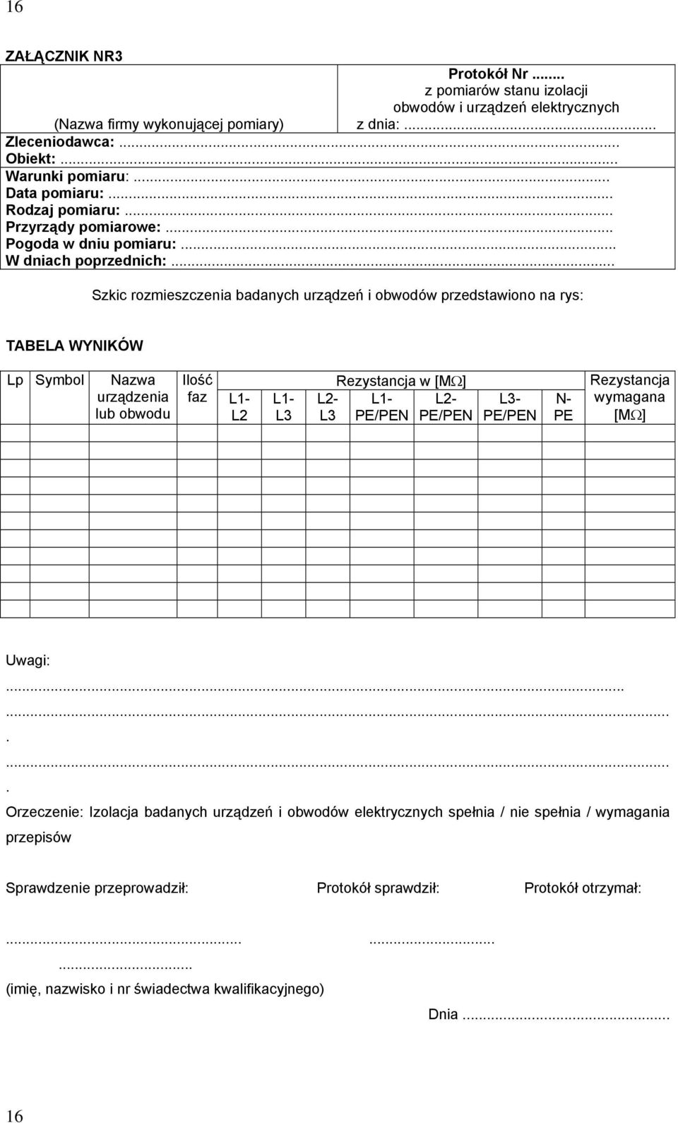 .. Szkic rozmieszczenia badanych urządzeń i obwodów przedstawiono na rys: TABELA WYNIKÓW Lp Symbol Nazwa urządzenia lub obwodu Ilość faz L1- L2 L1- L3 Rezystancja w [MΩ] L2- L1- L2- L3 PE/PEN PE/PEN