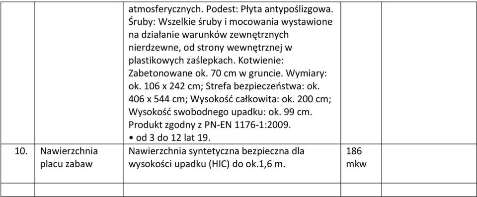 zaślepkach. Kotwienie: Zabetonowane ok. 70 cm w gruncie. Wymiary: ok. 06 x 242 cm; Strefa bezpieczeństwa: ok.