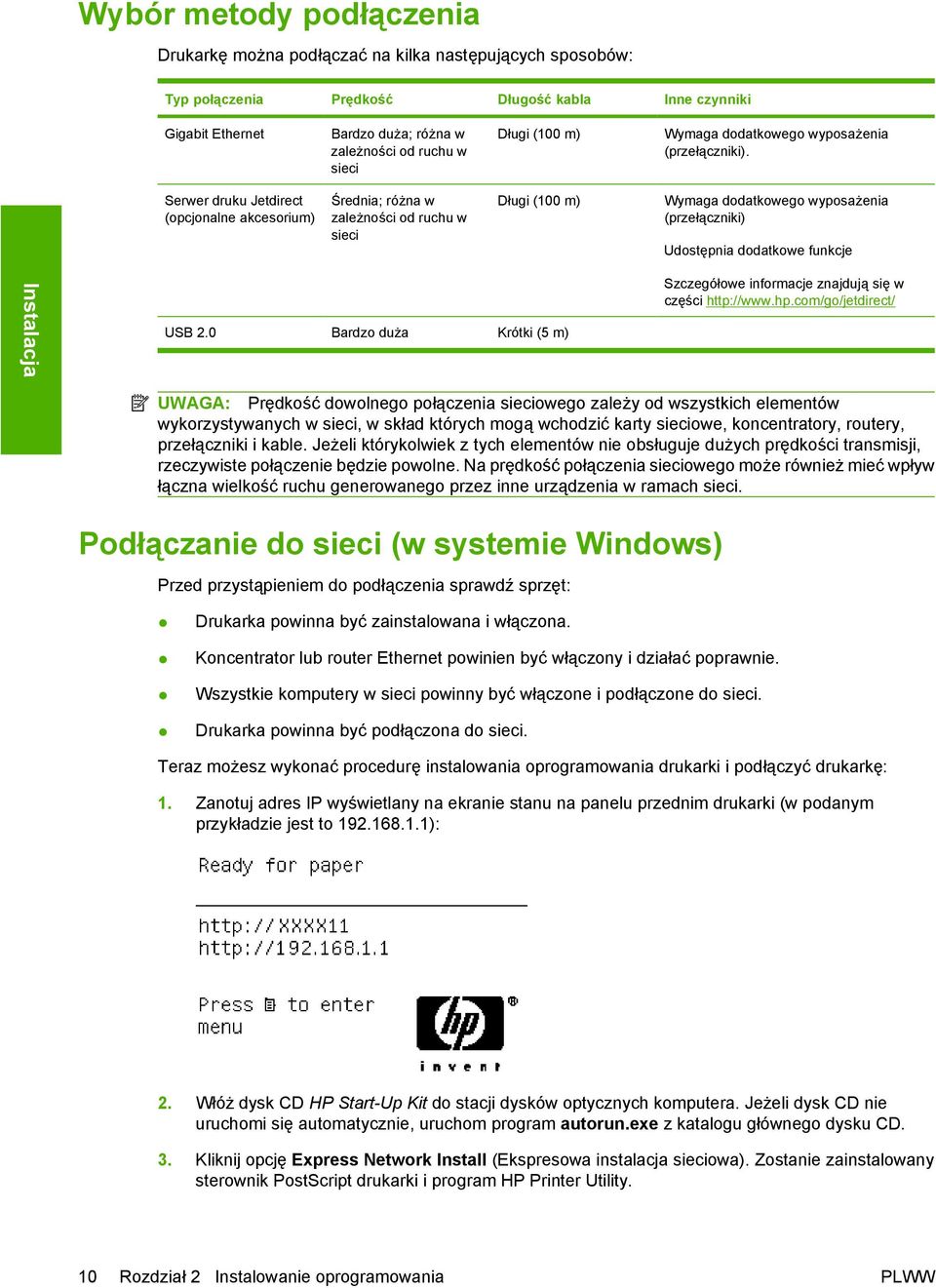 Serwer druku Jetdirect (opcjonalne akcesorium) Średnia; różna w zależności od ruchu w sieci Długi (100 m) Wymaga dodatkowego wyposażenia (przełączniki) Udostępnia dodatkowe funkcje Instalacja USB 2.