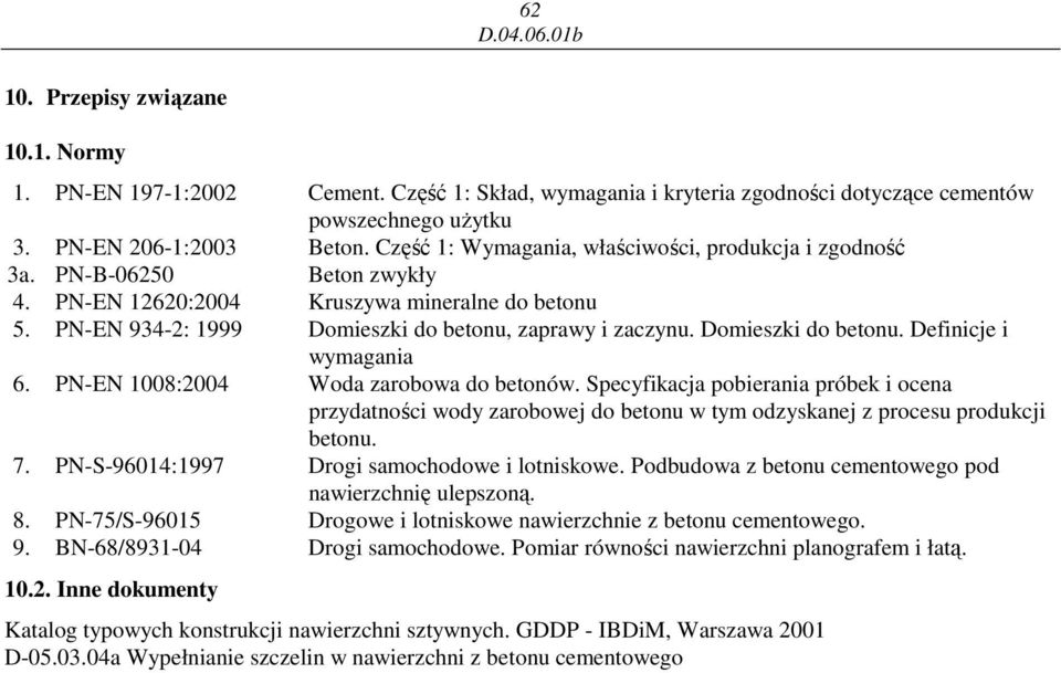 Domieszki do betonu. Definicje i wymagania 6. PN-EN 1008:2004 Woda zarobowa do betonów.