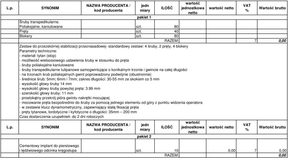 stosunku do pręta - śruby poliaksjalne kaniulowane - śruby transpedikularne tulipanowe samogwintujące o konikalnym trzonie i gwincie na całej długości - na trzonach śrub poliaksjalnych gwint