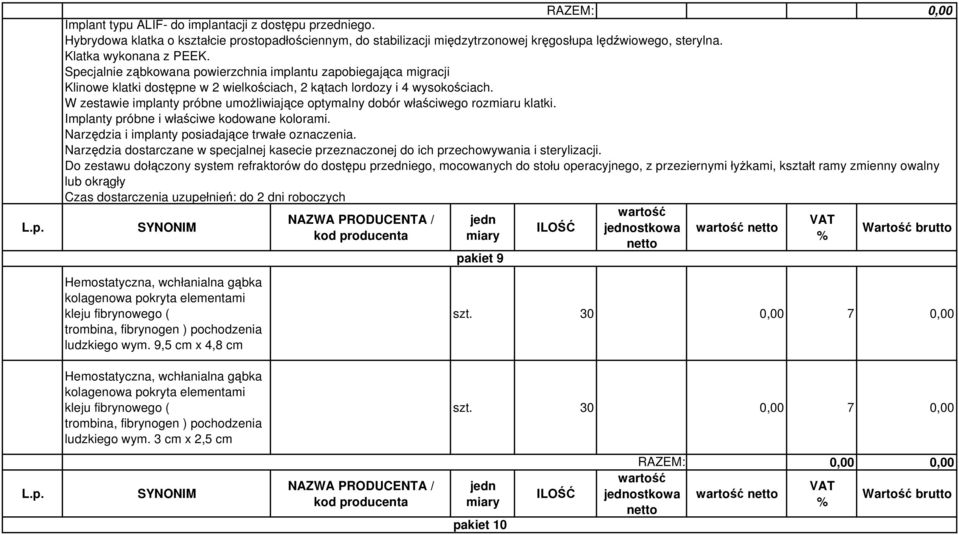W zestawie implanty próbne umożliwiające optymalny dobór właściwego rozmiaru klatki. Implanty próbne i właściwe kodowane kolorami. Narzędzia i implanty posiadające trwałe oznaczenia.