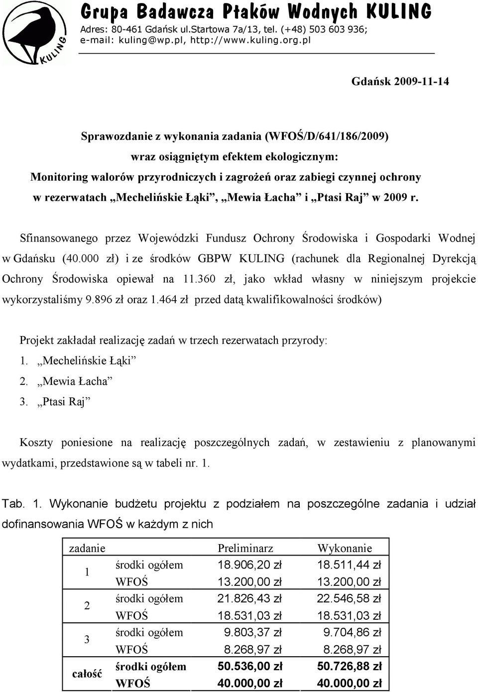 rezerwatach Mechelińskie Łąki, Mewia Łacha i Ptasi Raj w 2009 r. Sfinansowanego przez Wojewódzki Fundusz Ochrony Środowiska i Gospodarki Wodnej w Gdańsku (40.