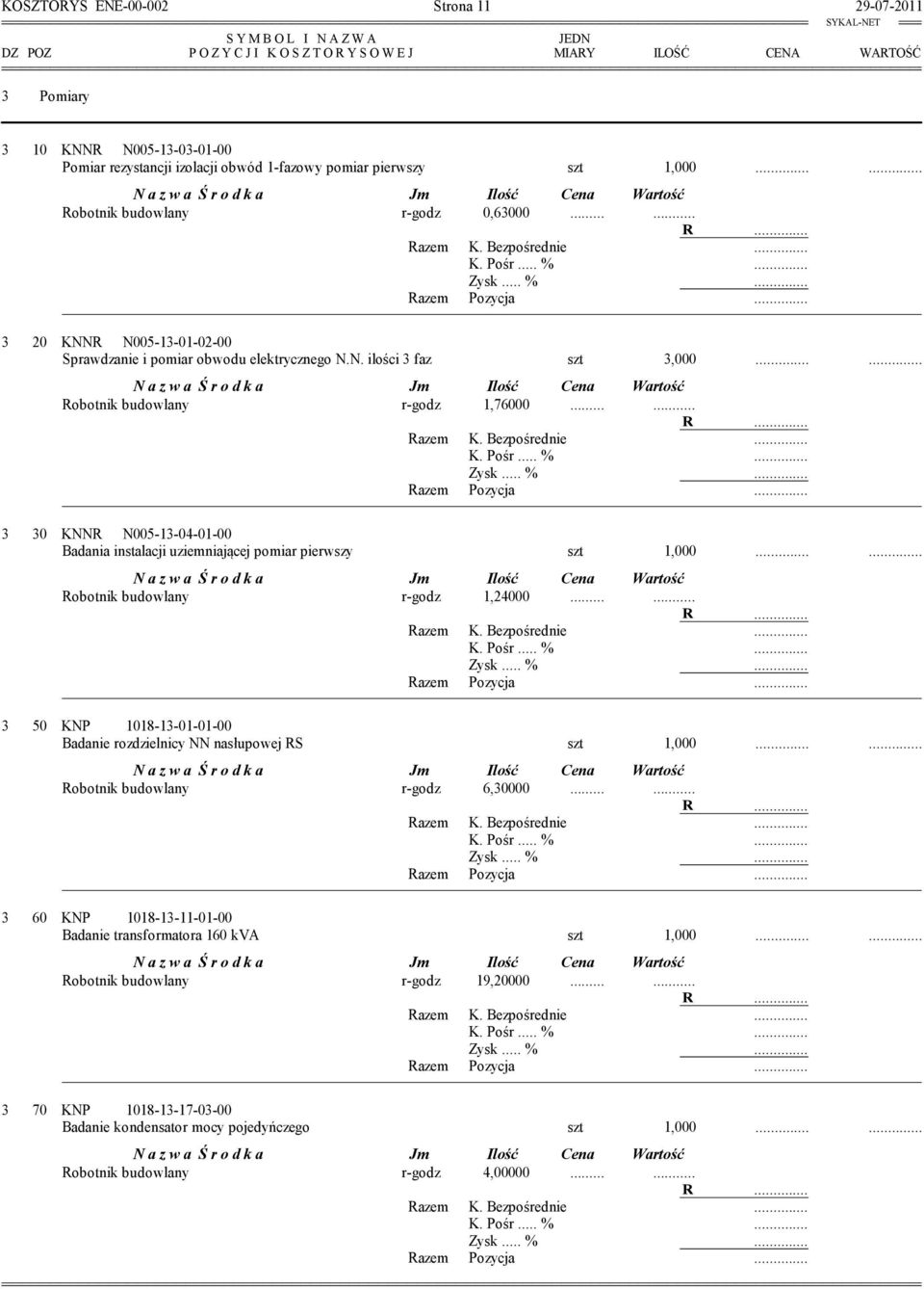 ... 3 30 KNNR N005-13-04-01-00 Badania instalacji uziemniającej pomiar pierwszy szt 1,000...... Robotnik budowlany r-godz 1,24000.