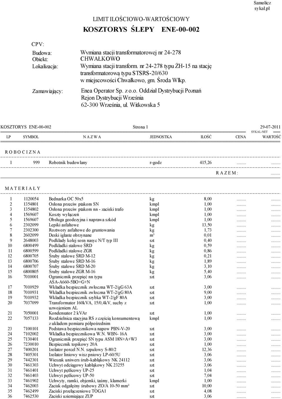 Witkowska 5 KOSZTORYS ENE-00-002 Strona 1 29-07-2011 LP SYMBOL N A Z W A OSTKA ILOŚĆ CENA WARTOŚĆ R O B O C I Z N A 1 999 Robotnik budowlany r-godz 415,26 R A Z E M : M A T E R I A Ł Y 1 1120054