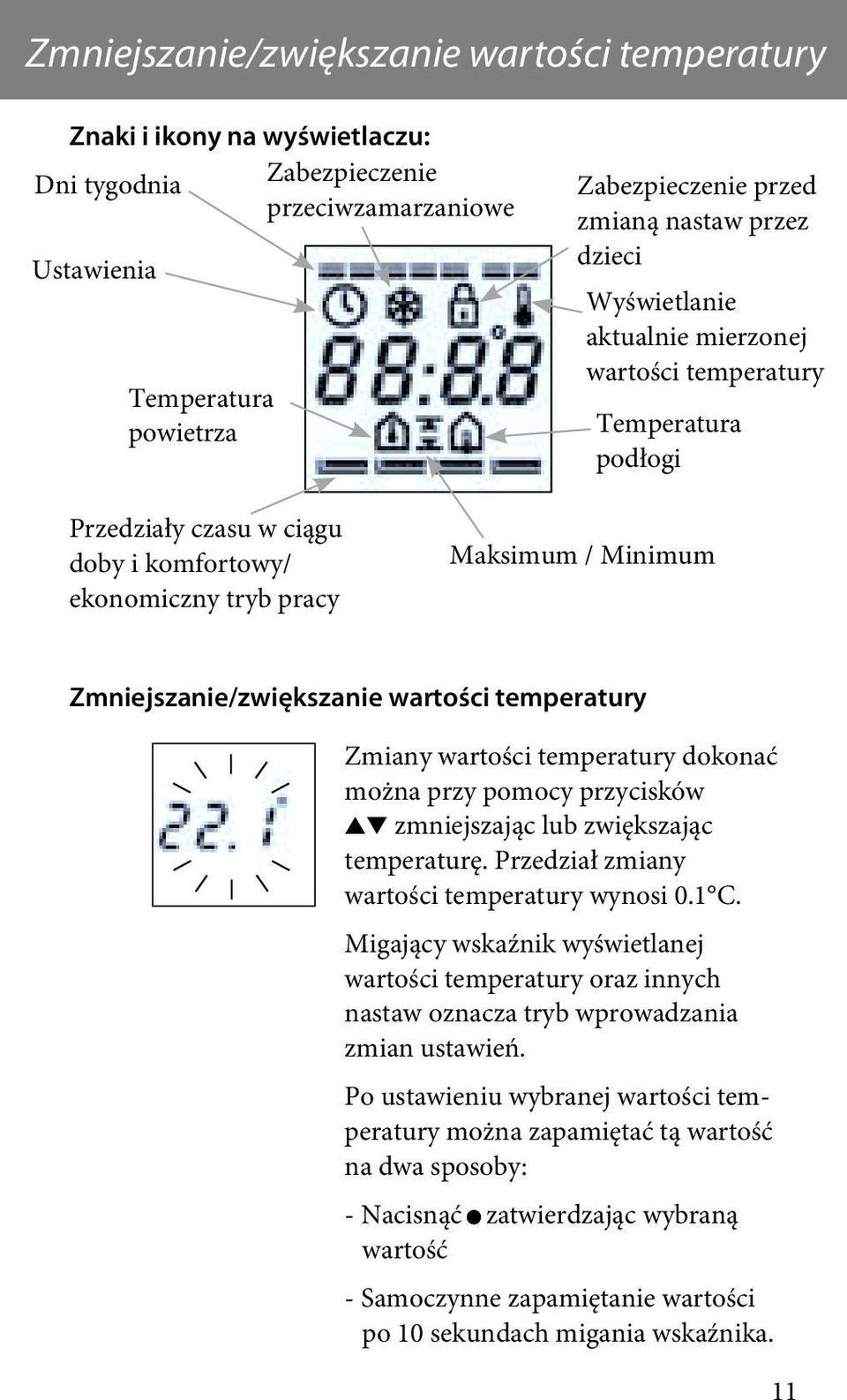 wartości temperatury Zmiany wartości temperatury dokonać można przy pomocy przycisków zmniejszając lub zwiększając temperaturę. Przedział zmiany wartości temperatury wynosi 0.1 C.