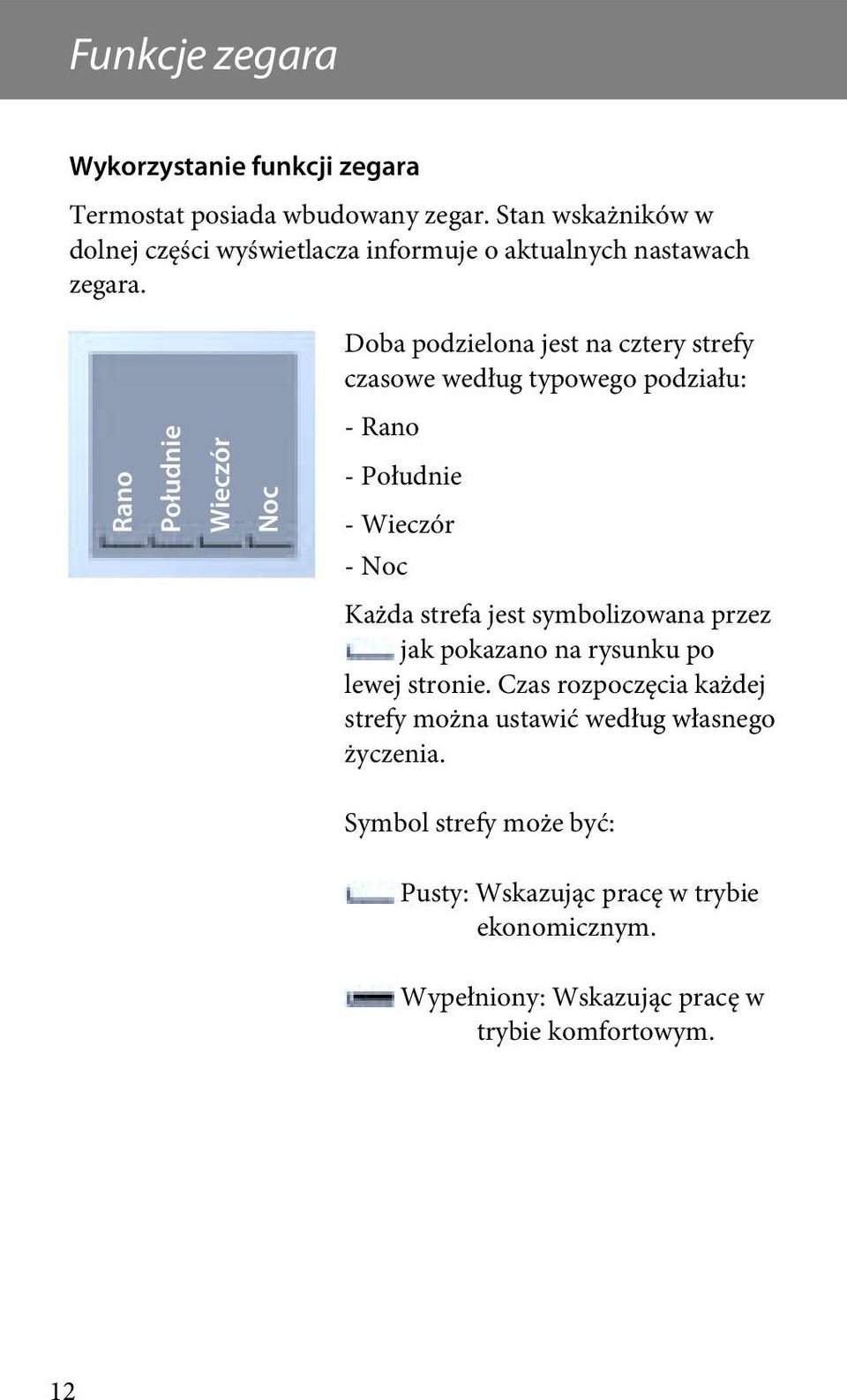 Doba podzielona jest na cztery strefy czasowe według typowego podziału: Rano Południe Wieczór Noc - Rano - Południe - Wieczór - Noc Każda