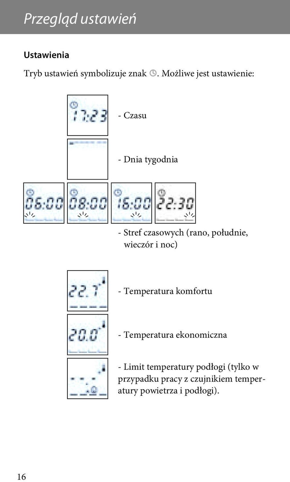 południe, wieczór i noc) - Temperatura komfortu - Temperatura ekonomiczna -