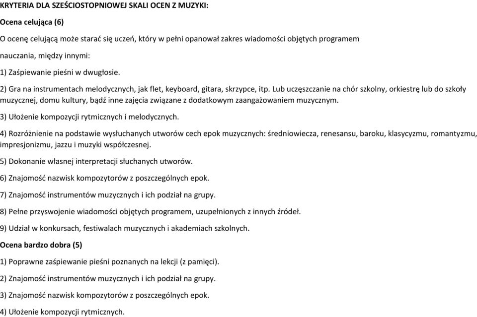 Lub uczęszczanie na chór szkolny, orkiestrę lub do szkoły muzycznej, domu kultury, bądź inne zajęcia związane z dodatkowym zaangażowaniem muzycznym. 3) Ułożenie kompozycji rytmicznych i melodycznych.