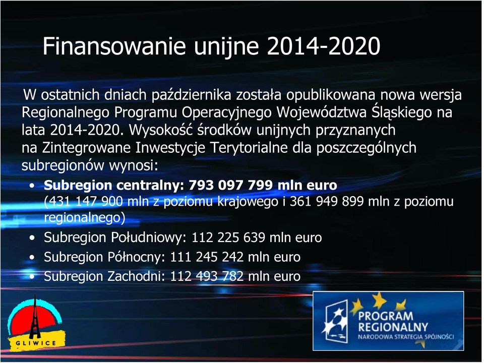 Wysokość środków unijnych przyznanych na Zintegrowane Inwestycje Terytorialne dla poszczególnych subregionów wynosi: Subregion