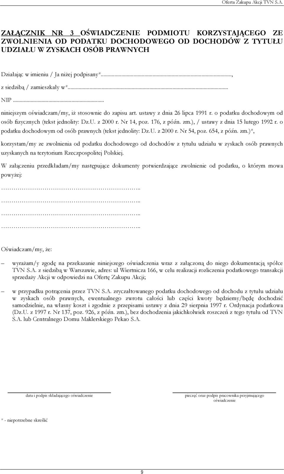 Nr 14, poz. 176, z późn. zm.), / ustawy z dnia 15 lutego 1992 r. o podatku dochodowym od osób prawnych (tekst jednolity: Dz.U. z 2000 r. Nr 54, poz. 654, z późn. zm.)*, korzystam/my ze zwolnienia od podatku dochodowego od dochodów z tytułu udziału w zyskach osób prawnych uzyskanych na terytorium Rzeczpospolitej Polskiej.