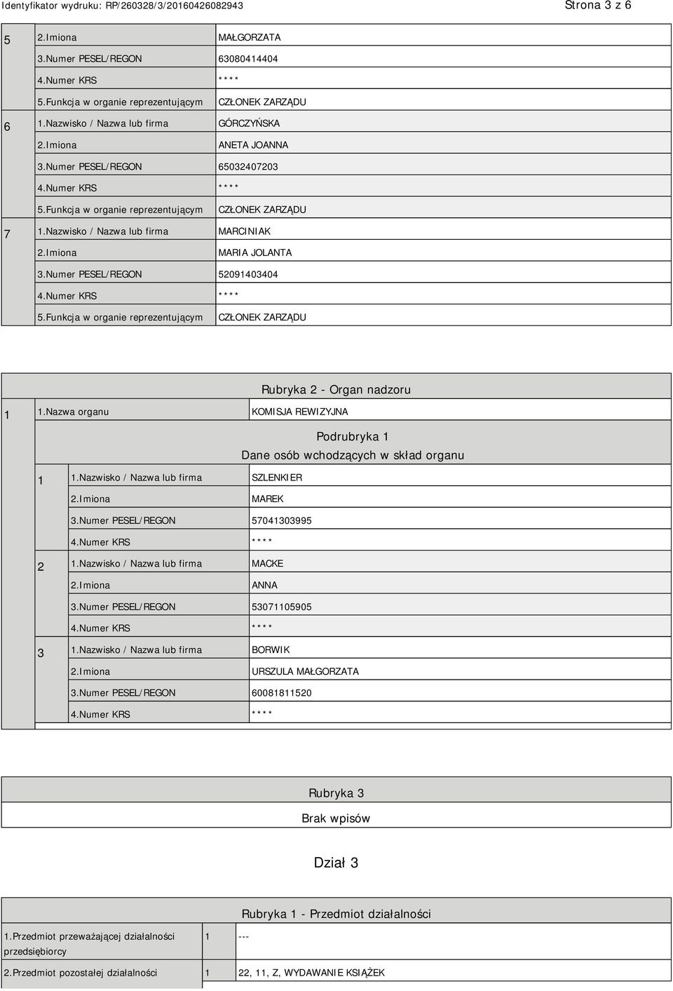 Nazwa organu KOMISJA REWIZYJNA Podrubryka 1 Dane osób wchodzących w skład organu 1 1.Nazwisko / Nazwa lub firma SZLENKIER MAREK 3.Numer PESEL/REGON 57041303995 2 1.