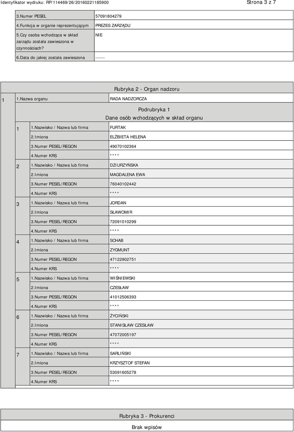 Nazwisko / Nazwa lub firma FURTAK ELŻBIETA HELENA 3.Numer PESEL/REGON 49070102364 2 1.Nazwisko / Nazwa lub firma DZIURZYŃSKA MAGDALENA EWA 3.Numer PESEL/REGON 76040102442 3 1.