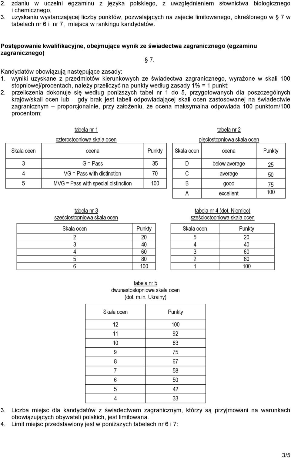 Postępowanie kwalifikacyjne, obejmujące wynik ze świadectwa zagranicznego (egzaminu zagranicznego) 7. Kandydatów obowiązują następujące zasady: 1.