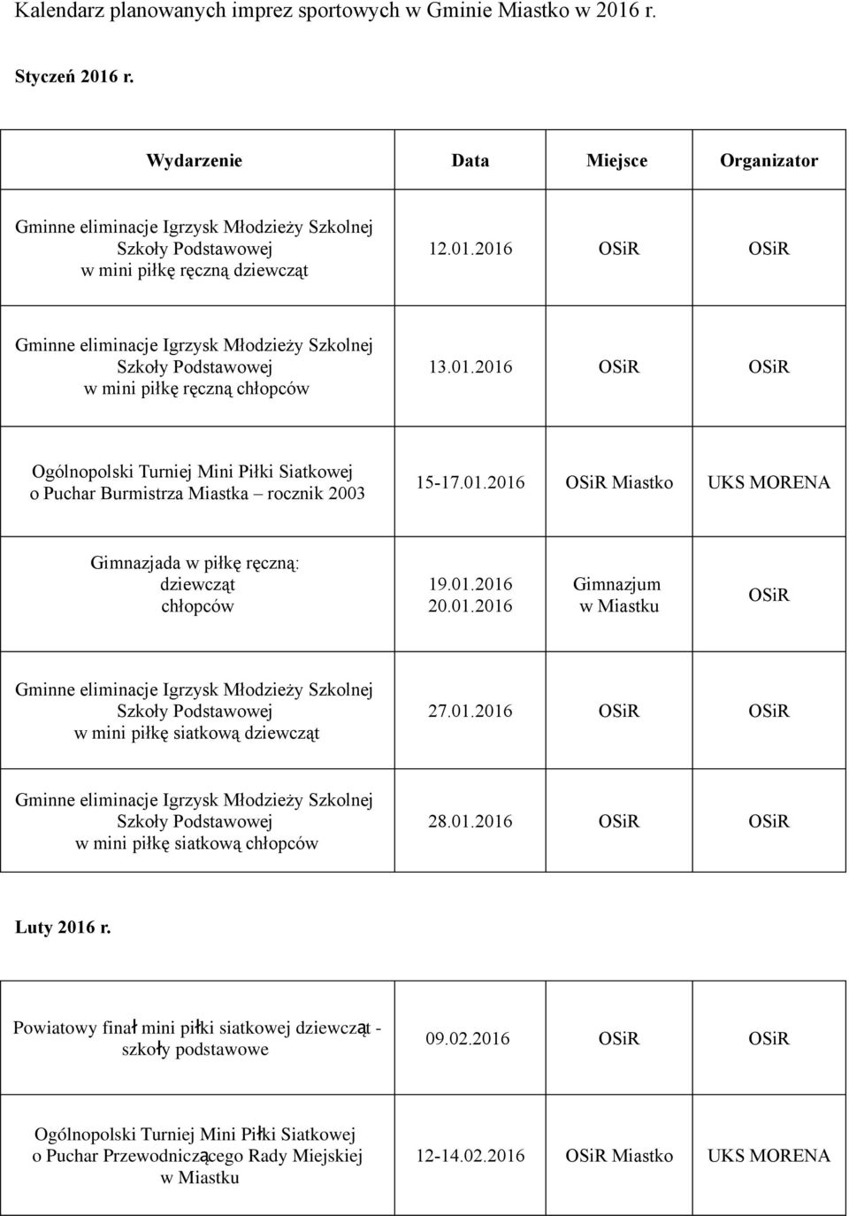 01.2016 Gimnazjum w mini piłkę siatkową 27.01.2016 w mini piłkę siatkową 28.01.2016 Luty 2016 r.