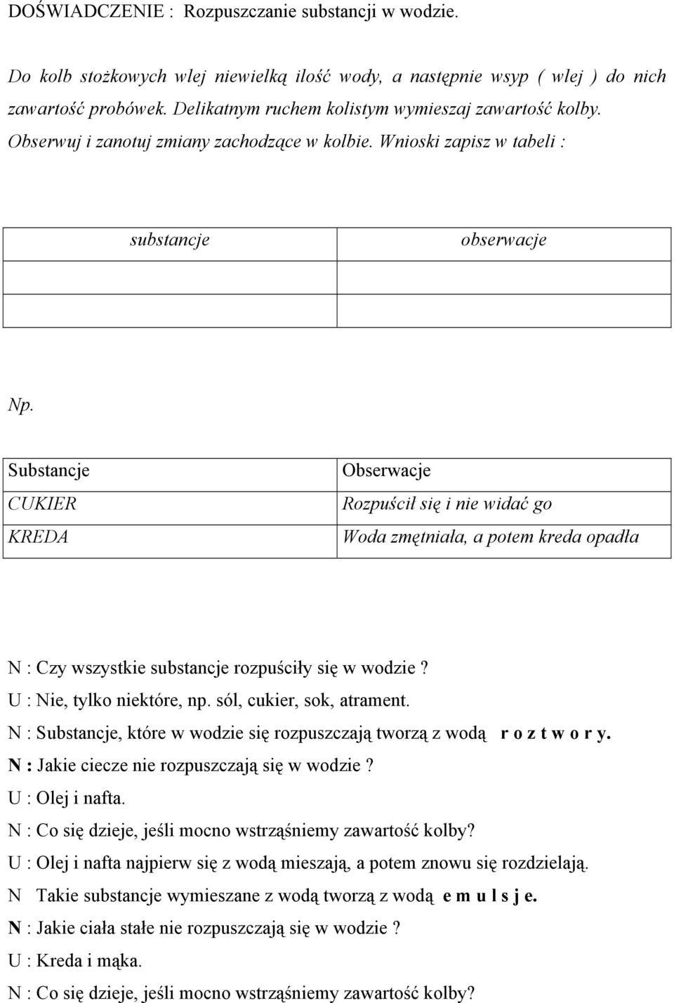 Substancje CUKIER KREDA Obserwacje Rozpuścił się i nie widać go Woda zmętniała, a potem kreda opadła N : Czy wszystkie substancje rozpuściły się w wodzie? U : Nie, tylko niektóre, np.