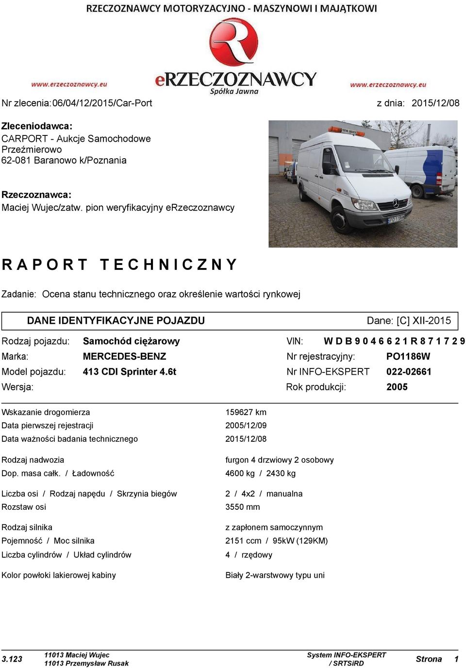 ciężarowy VIN: Marka: MERCEDES-BENZ Nr rejestracyjny: PO1186W Model pojazdu: 413 CDI Sprinter 4.