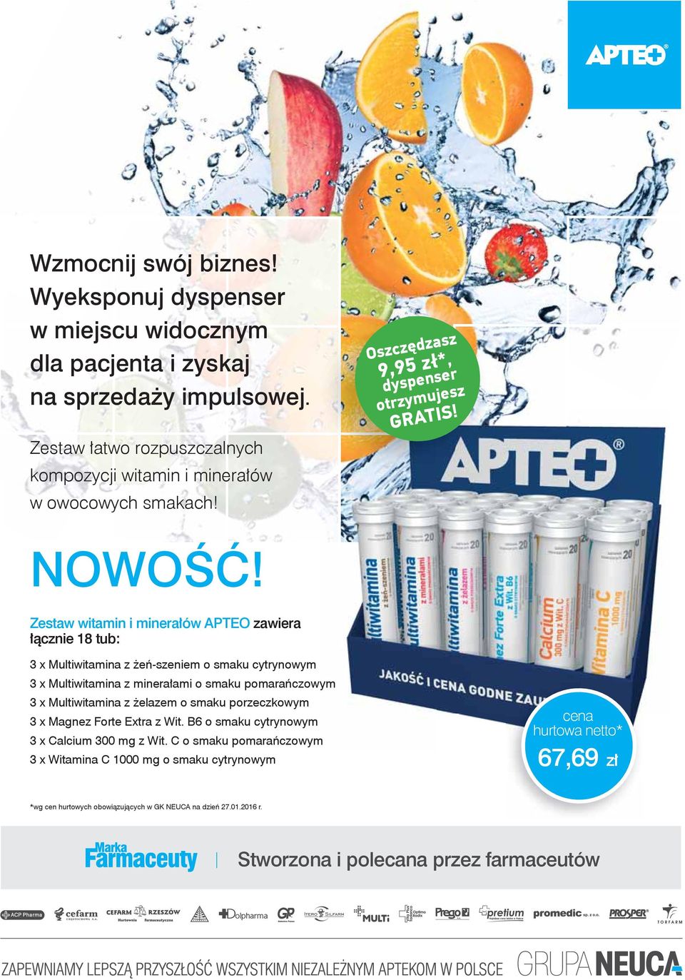 Zestaw witamin i minerałów APTEO zawiera łącznie 18 tub: 3 x Multiwitamina z żeń-szeniem o smaku cytrynowym 3 x Multiwitamina z minerałami o smaku pomarańczowym 3 x Multiwitamina z