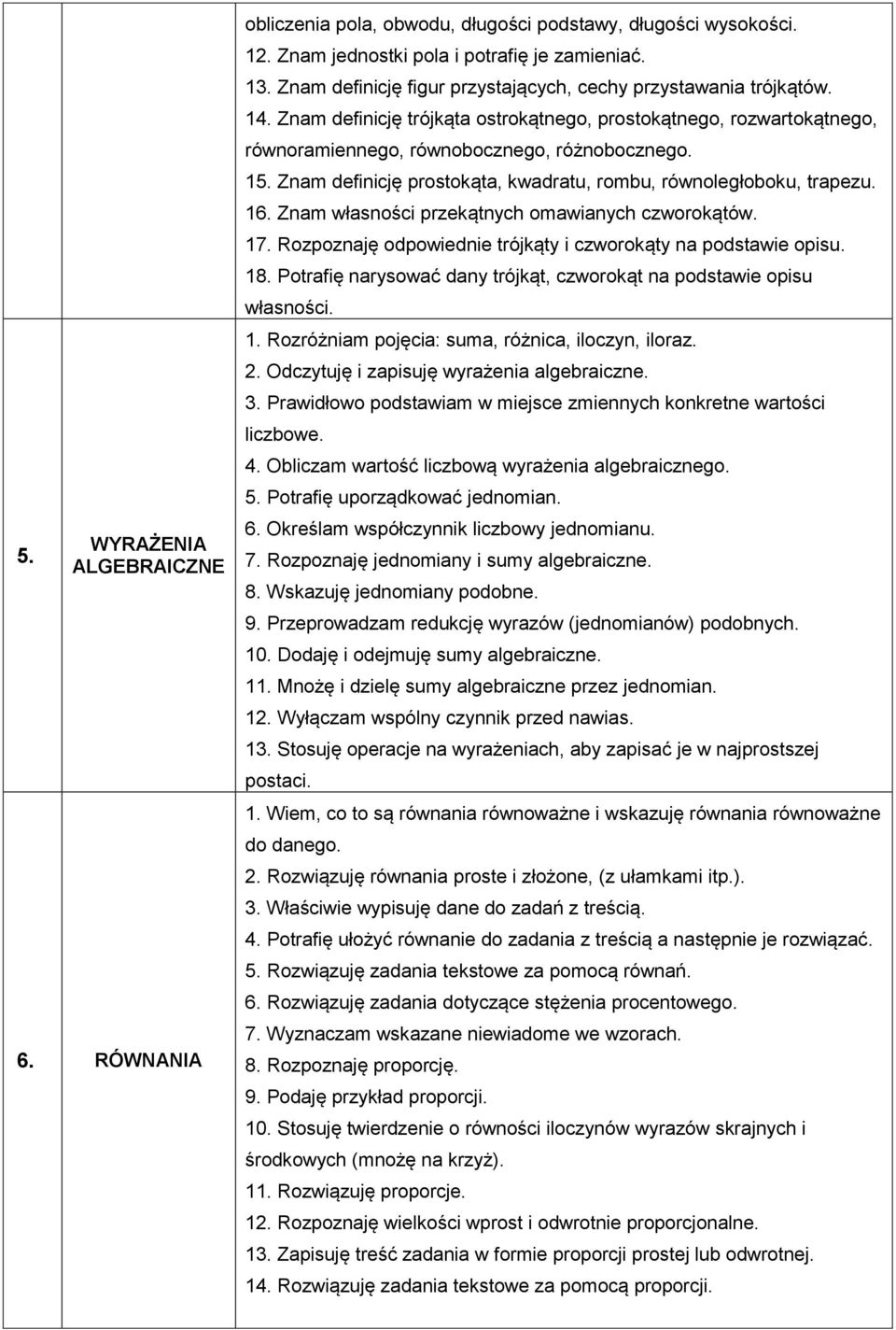 Znam definicję prostokąta, kwadratu, rombu, równoległoboku, trapezu. 16. Znam własności przekątnych omawianych czworokątów. 17. Rozpoznaję odpowiednie trójkąty i czworokąty na podstawie opisu. 18.