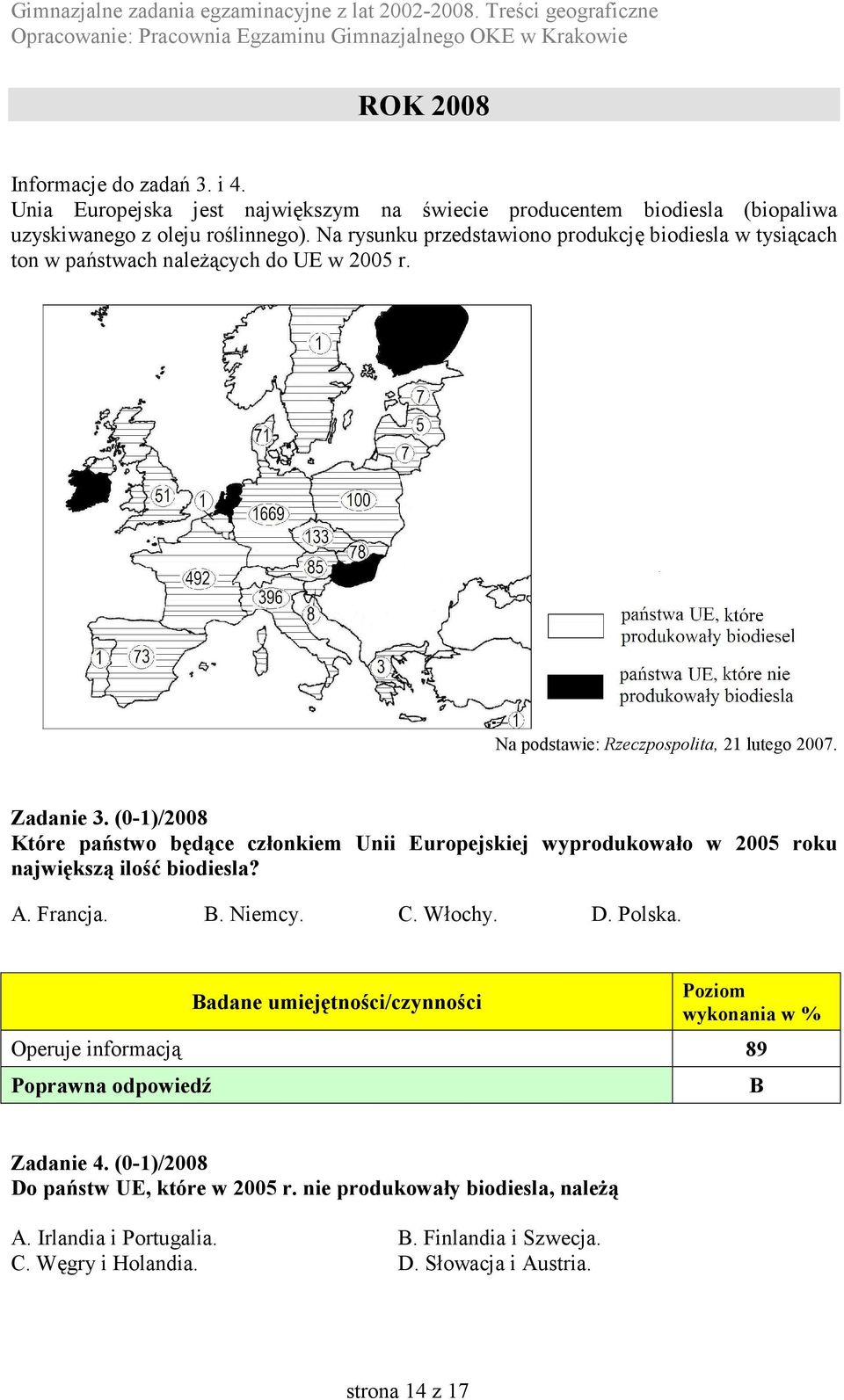 (0-1)/2008 Które państwo będące członkiem Unii Europejskiej wyprodukowało w 2005 roku największą ilość biodiesla? A. Francja. B. Niemcy. C. Włochy. D. Polska.