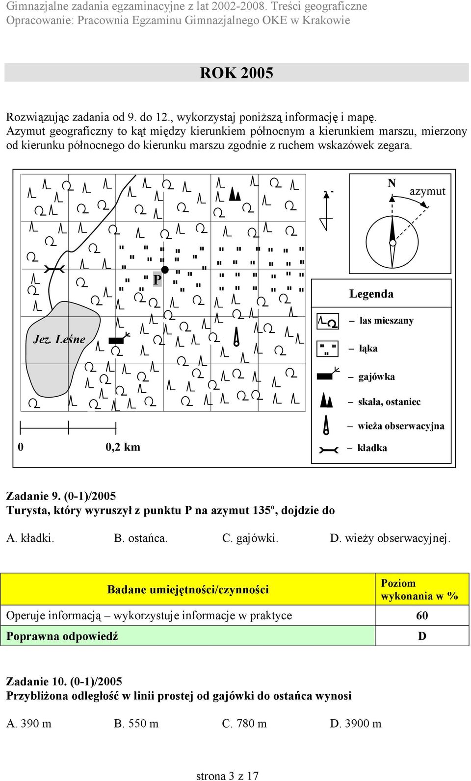 N N azymut P Legenda Jez. Leśne las mieszany łąka gajówka skała, ostaniec wieża obserwacyjna 0 0,2 km kładka Zadanie 9.