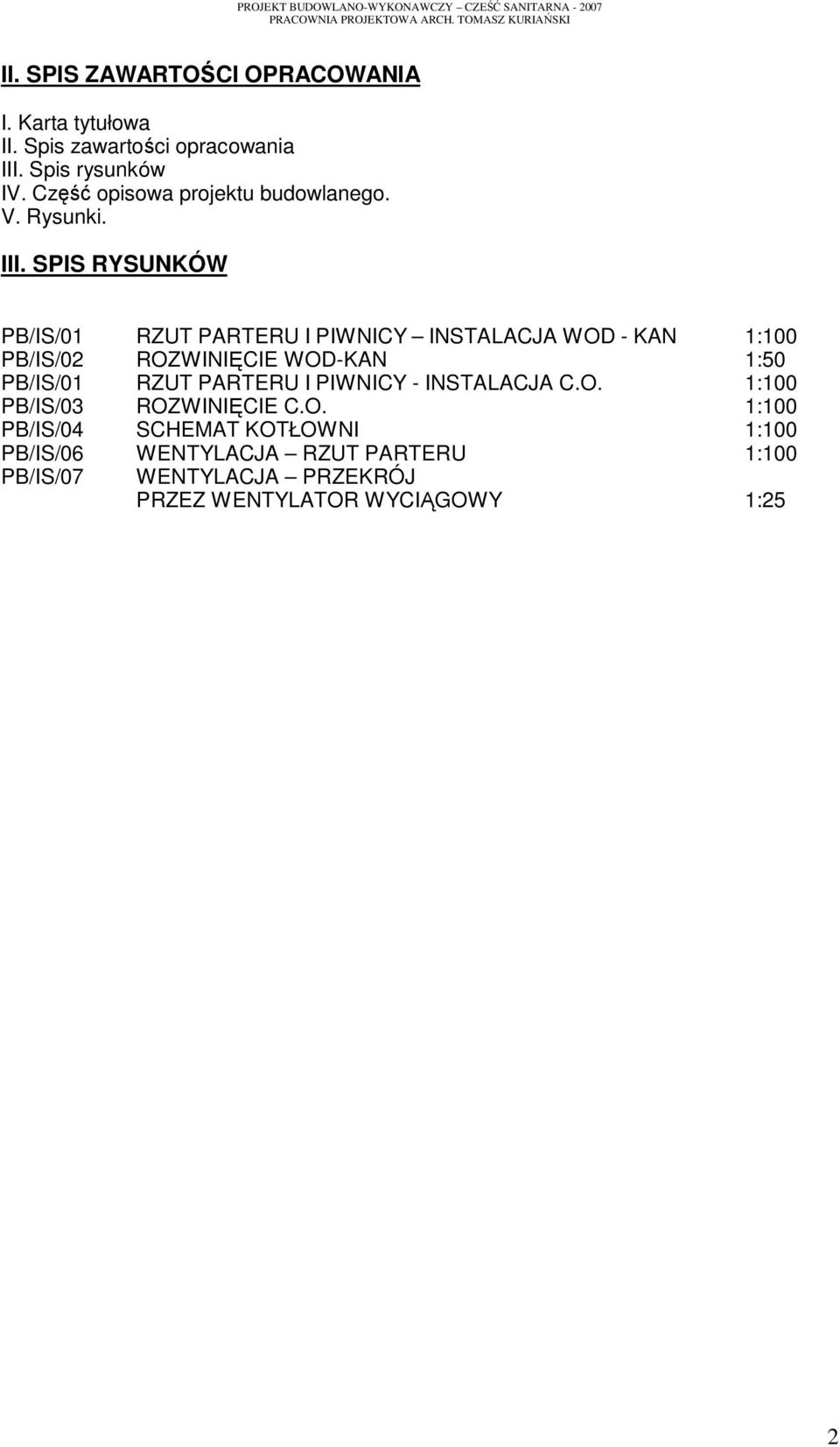 Spis rysunków IV. Część opisowa projektu budowlanego. V. Rysunki. III.