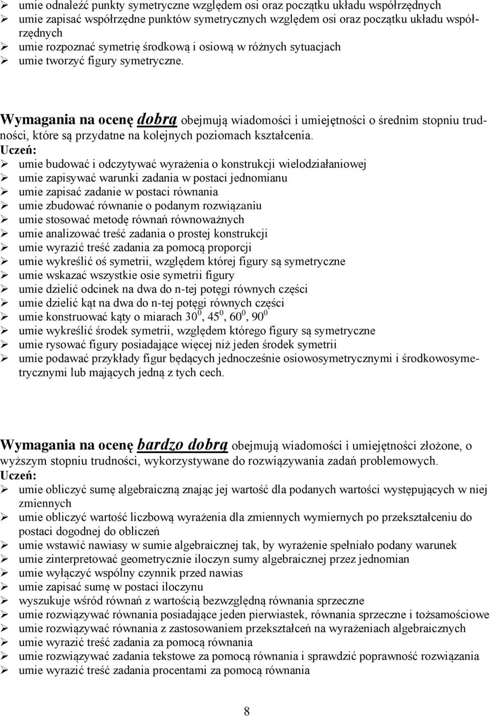 Wymagania na ocenę dobrą obejmują wiadomości i umiejętności o średnim stopniu trudności, które są przydatne na kolejnych poziomach kształcenia.