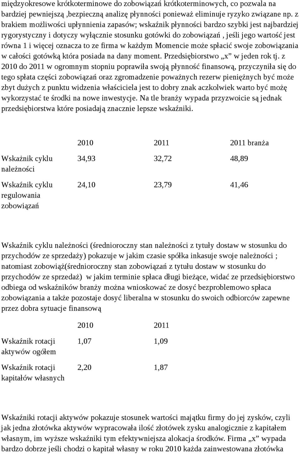 oznacza to ze firma w każdym Momencie może spłacić swoje zobowiązania w całości gotówką która posiada na dany moment. Przedsiębiorstwo x w jeden rok tj.