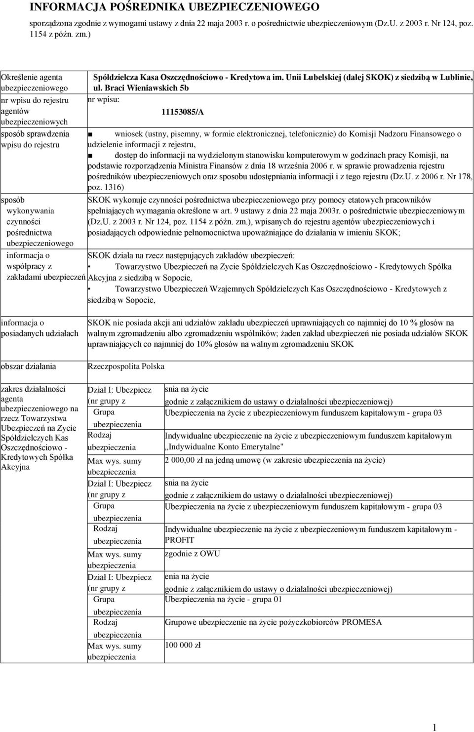 współpracy z Spółdzielcza Kasa Oszczędnościowo - Kredytowa im. Unii Lubelskiej (dalej SKOK) z siedzibą w Lublinie, ul.