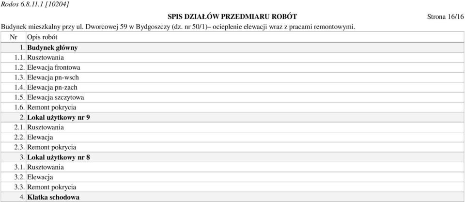 Remont pokrycia 2. Lokal użytkowy nr 9 2.1. Rusztowania 2.2. Elewacja 2.3. Remont pokrycia 3.