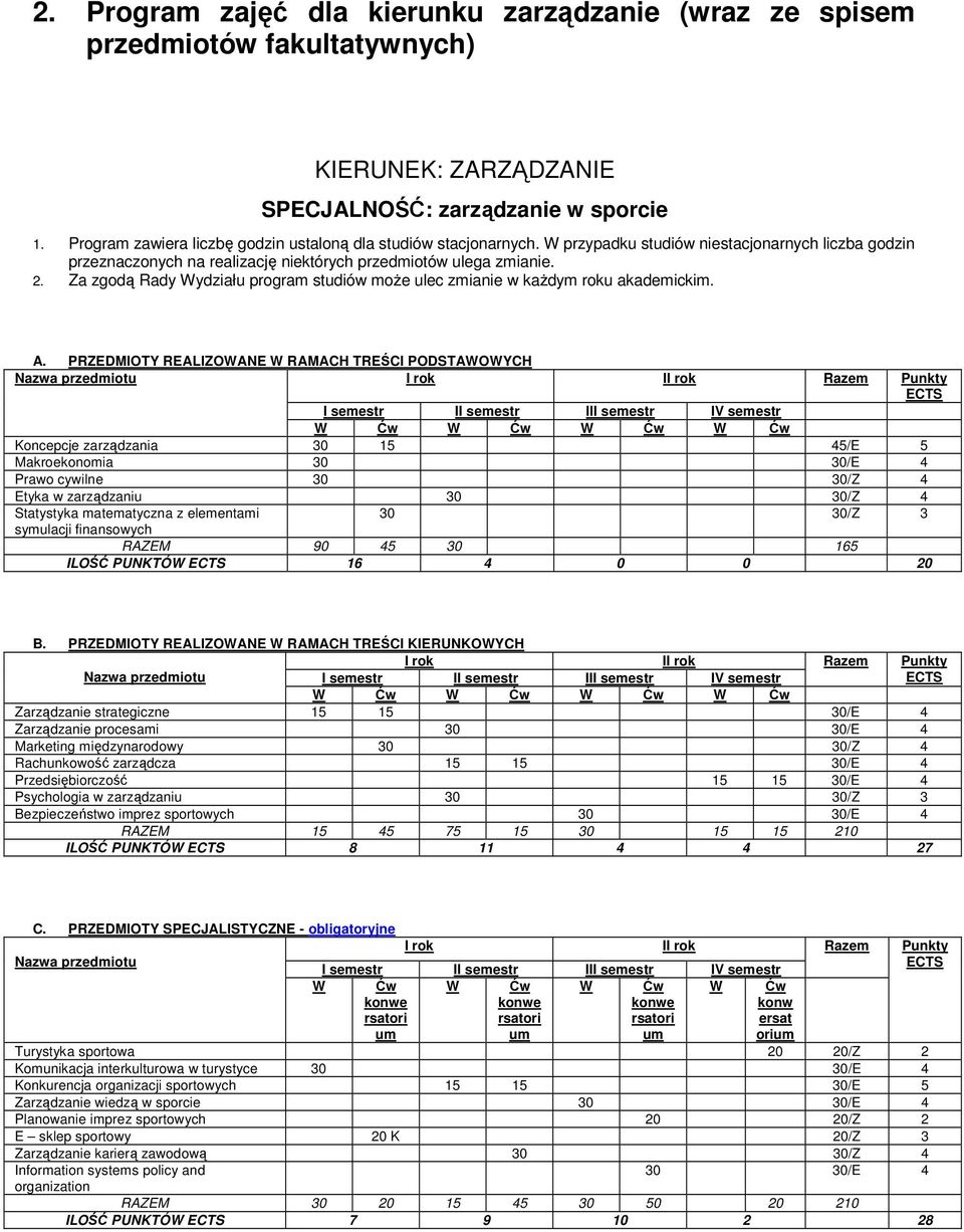 Za zgodą Rady ydziału program studiów może ulec zmianie w każdym roku akademickim. A.