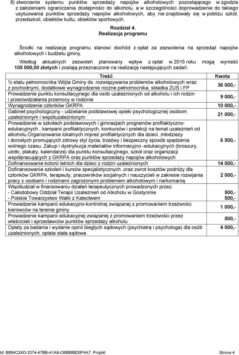 Realizacja programu Środki na realizację programu stanowi dochód z opłat za zezwolenia na sprzedaż napojów alkoholowych i budżetu gminy.