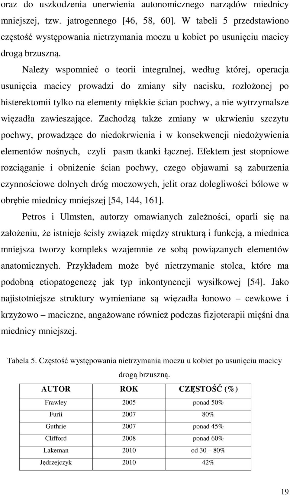 Należy wspomnieć o teorii integralnej, według której, operacja usunięcia macicy prowadzi do zmiany siły nacisku, rozłożonej po histerektomii tylko na elementy miękkie ścian pochwy, a nie wytrzymalsze