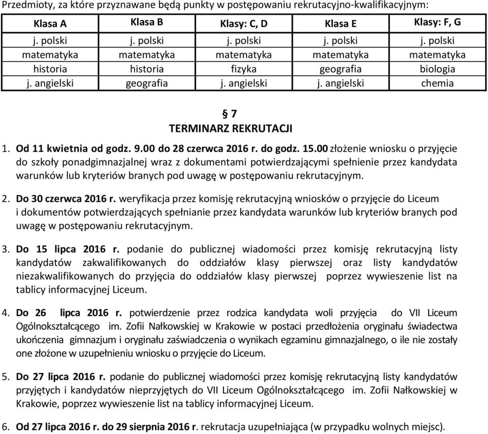 angielski chemia 7 TERMINARZ REKRUTACJI 1. Od 11 kwietnia od godz. 9.00 do 28 czerwca 2016 r. do godz. 15.