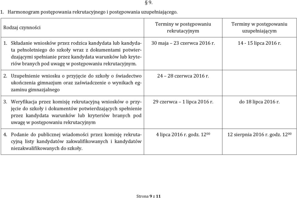 rekrutacyjnym. 2. Uzupełnienie wniosku o przyjęcie do szkoły o świadectwo ukończenia gimnazjum oraz zaświadczenie o wynikach egzaminu gimnazjalnego 3.