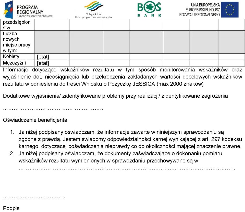 nieosiągnięcia lub przekroczenia zakładanych wartości docelowych ków rezultatu w odniesieniu do treści Wniosku o Pożyczkę JESSICA (max