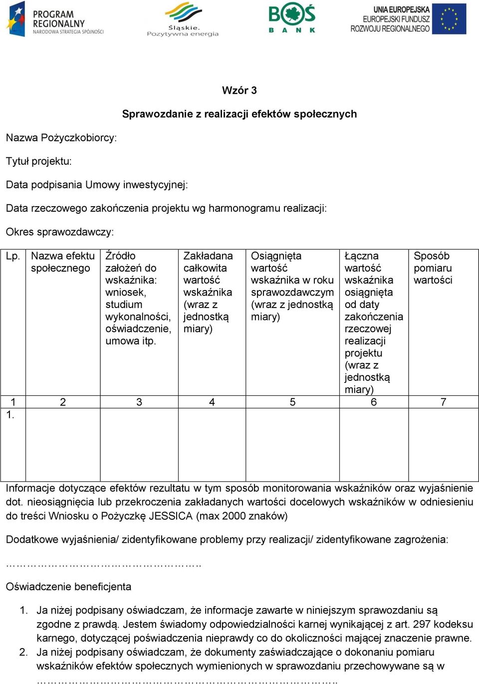 Zakładana całkowita (wraz z jednostką Osiągnięta w roku sprawozdawczym (wraz z jednostką Łączna osiągnięta od daty zakończenia rzeczowej (wraz z jednostką Sposób wartości 1 2 3 4 5 6 7 1.