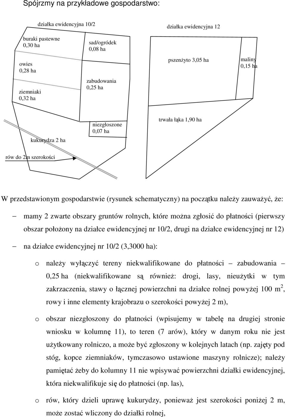 obszary gruntów rolnych, które moŝna zgłosić do płatności (pierwszy obszar połoŝony na działce ewidencyjnej nr 10/2, drugi na działce ewidencyjnej nr 12) na działce ewidencyjnej nr 10/2 (3,3000 ha):