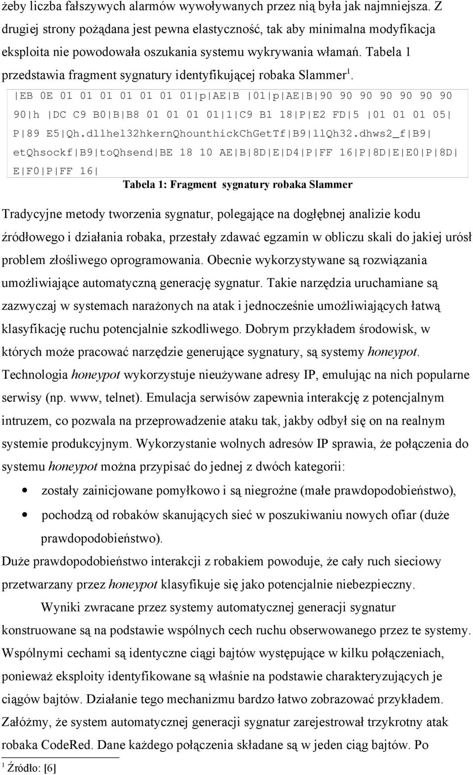 Tabela 1 przedstawia fragment sygnatury identyfikującej robaka Slammer 1.